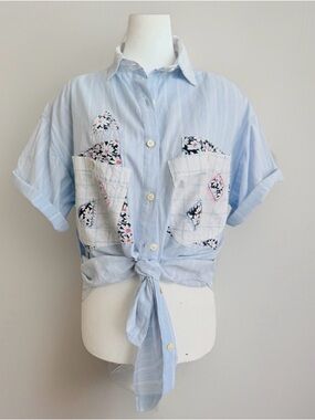 Light Blue Tie-Front Button-Up Shirt with Patchwork Pockets🌼